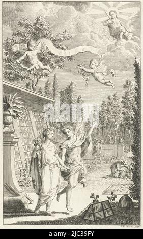 Dans un jardin avec une serre, la déesse Flora et son mari, le dieu Zephyrus, marchent main dans la main. Deux putti planant maintiennent un bandérole. Sur les nuages se trouve le Dieu du soleil Apollon à côté des signes du zodiaque., Zephyrus et Flora, imprimeur: Cornelis van Noorde, (mentionné sur l'objet), Haarlem, 1766, papier, gravure, h 192 mm × l 118 mm Banque D'Images