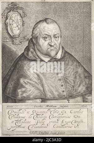 Portrait de Charles Philips de Rodoan, évêque de Middelburg et Bruges. Derrière lui son blason avec la devise: Coelum non solum., Portrait de Charles Philips de Rodoan, imprimerie: Jacob Matham, (mentionné sur l'objet), après: Ghisb. Janssens, (mentionné sur l'objet), Haarlem, 1615, papier, gravure, h 186 mm × l 125 mm Banque D'Images