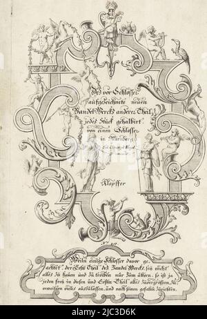 Le texte est établi en deux cartouettes de scrollwork avec des vignes foliaires, des animaux et des figures. Entre les cartouilles se lit: N.o 207., Title page: Des vor Schlosser aufgezeichnete neuen Bandel-Wercks anderer Theil (...) (...) (Titre de la série sur l'objet) des vor Schlosser aufgezeichnete neuen Bandel-Wercks anderer Theil (...) (Titre de la série), imprimeur: Johann Conrad Reiff, (peut-être), Johann Conrad Reiff, (peut-être), éditeur: Johann Christoph Weigel, (mentionné sur l'objet), Allemagne, (peut-être), c. 1600 - c. 1699, papier, gravure, h 360 mm Banque D'Images