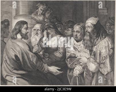 Dans le temple, les Pharisiens mènent une femme accusée d'adultère au Christ. La femme, avec une épaule osée, se chauve les yeux et essuie une déchirure. Derrière le Christ se trouve l'apôtre Jean. Au-dessous de l'impression un dévouement à un canon d'Anvers et ses armoiries., Christ et l'Adultére, imprimeur: Elisabeth Marie Simons, après: Peter Paul Rubens, Bruxelles, en ou avant 1784, papier, gravure, gravure, h 375 mm × l 446 mm Banque D'Images