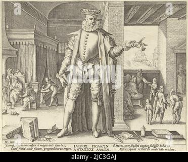 Dans une maison, un homme est assis près de la cheminée à côté de son lit, les membres de la famille s'en occupent. Un médecin s'assoit à côté de lui, parlant. Dans la pièce de droite, nous voyons ce qui est arrivé à l'homme depuis sa chute (voir les deux premiers tirages de la série): Sa blessure à la tête a été traitée et il a marché sur des béquilles. Au premier plan encore le médecin, debout au milieu des livres et des instruments médicaux. Sous la scène sont gravés des textes latins et grecs et (à l'extérieur de la bordure de l'image mais sur la même feuille) un texte hollandais imprimé, expliquant que le médecin est traité comme une personne ordinaire quand la personne malade Banque D'Images