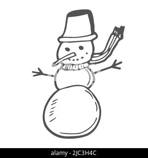 Noël bonhomme de neige mignon avec chapeau. Concept hiver festif. Style Doodle. Illustration vectorielle sur un arrière-plan isolé. Illustration de Vecteur