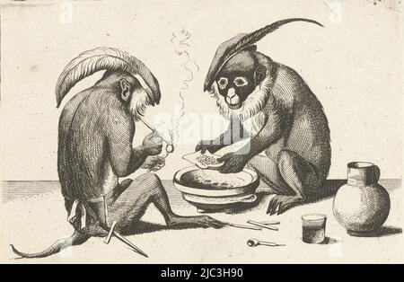 Deux singes sont assis sur le sol, l'un souffle sa pipe. L'autre singe sèche le tabac sur un pot de feu. Imprimé à partir d'une série de six imprimés et d'un titre représentant divers activités humaines de singes. Copies après les tirages de Quirin Boel, avec un verset ajouté en néerlandais au-dessous de chaque représentation, deux singes fumant une pipe différents actes de la vie humaine représentés par des singes (titre de la série) Qu'est-ce que 't que m' dans deez' Waereld ziet? / 'Tis Aape jeu, et non autrement (titre de la série), imprimeur: Anonyme, Quirin Boel, David Teniers (II), pays bas, 1635 - 1724, papier, gravure, gravure, h Banque D'Images