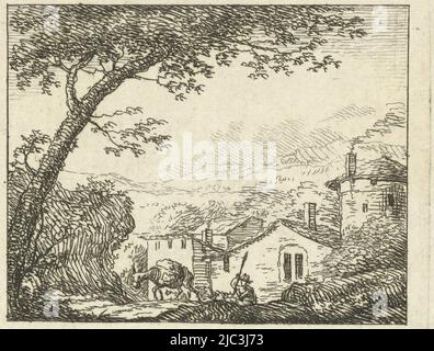 Vue sur une route menant à un village. Un berger est assis le long de la route. Un âne marche le long de la route, scène du village, imprimeur: Johanna de Bruyn, 1732 - 1782, papier, gravure, h 40 mm - l 49 mm Banque D'Images