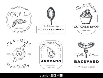 Ensemble de 6 modèles de logo avec éléments dessinés à la main comme la théière, le cupcake, la cuillère et d'autres. Collection de logotypes, illustration vectorielle Illustration de Vecteur