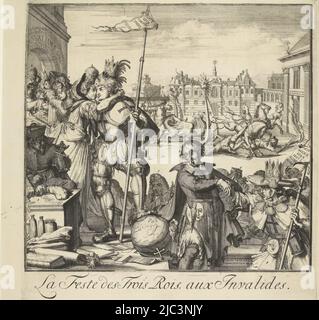 Caricature sur le vol de Jacques II en France, et son arrivée sur Epiphany (6 janvier) 1689. Le roi Louis XIV embrasse Marie de Modène, qui est arrivée avec l'enfant sous-dormi. Devant à droite, le roi James II est décoré de coquilles Saint-Jacques. Au centre, le Père jésuite Peters (Edward Petre) avec une couronne papale sous son manteau. En arrière-plan, le dauphin tombe d'un traîneau tiré par des chevaux. En dessous de la scène un verset en 3 colonnes avec une explication des nombres 1-11 en néerlandais, Cartoon sur le vol de James II en France, 1689 la Feste des trois rois, aux Invalides (titre sur objet Banque D'Images