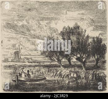 Vue sur une étendue d'eau avec quatre saules pollard. Au premier plan deux figures en boucle et en arrière-plan un moulin à vent, Pollard saule sur le bord de l'eau, imprimeur: Augustinus Jacobus Bernardus Wouters, pays-Bas, 1839 - 1904, papier, gravure, h 74 mm × l 86 mm Banque D'Images