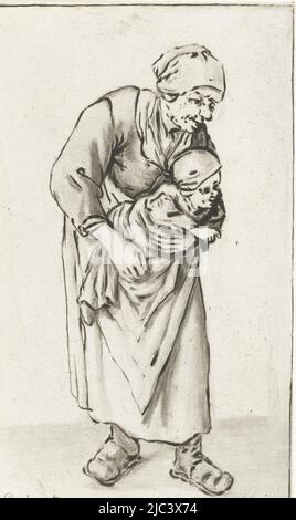 Une vieille femme. Dans ses bras, elle porte un bébé, femme avec enfant, imprimeur: Jurriaan Cootwijck, (mentionné sur l'objet), dessinateur intermédiaire: Cornelis Dusart, (mentionné sur l'objet), imprimeur: Amsterdam, dessinateur intermédiaire: Haarlem, 1724 - 1798, papier, h 122 mm × l 72 mm Banque D'Images