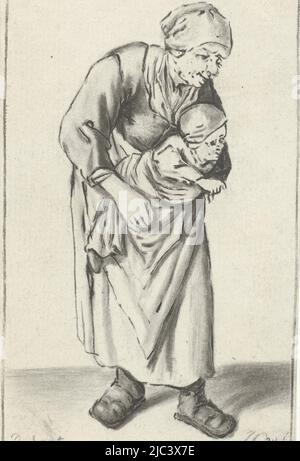 Une vieille femme. Dans ses bras, elle porte un bébé., femme avec enfant, imprimeur: Jurriaan Cootwijck, (mentionné sur l'objet), dessinateur intermédiaire: Cornelis Dusart, (mentionné sur l'objet), imprimeur: Amsterdam, dessinateur intermédiaire: Haarlem, 1724 - 1798, papier, h 123 mm × l 73 mm Banque D'Images