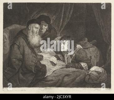 Le vieux Isaac s'assoit dans le lit et donne sa bénédiction au Jacob qui s'agenouille. Se tenant en diagonale derrière Isaac est Rebekah., Isaac bénit Jacob, imprimeur: Johannes Pieter de Frey, après: Govert Flinck, 1798, papier, gravure, h 201 mm × l 248 mm Banque D'Images