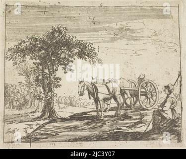 Un chariot est tiré par deux chevaux attelés. Au premier plan à droite un homme assis avec une canne à pêche, chariot à cheval par un arbre, imprimeur: Anonyme, 1800 - 1885, papier, gravure, h 102 mm × l 128 mm Banque D'Images