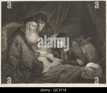 Le vieux Isaac s'assoit dans le lit et donne sa bénédiction au Jacob qui s'agenouille. Se tenant en diagonale derrière Isaac est Rebekah., Isaac bénit Jacob, imprimeur: Johannes Pieter de Frey, après: Govert Flinck, 1798, papier, gravure, h 201 mm × l 246 mm Banque D'Images