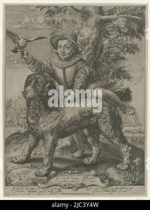 Portrait de Frederik de Vries avec le chien de Hendrick Goltzius. Il était le fils du peintre Dirck de Vries, qui était élève de Hendrick Goltzius. Frederick se prépare à s'asseoir sur le dos du chien et tient une colombe dans sa main. Sur la cartouche un dévouement en latin. La légende en latin parle de la simplicité de l'enfant et de la loyauté du chien., Portrait de Frederik de Vries, Imprimeur: Raffaello Guidi, (mentionné sur l'objet), Hendrick Goltzius, Petrus Scriverius, Rome, 1599 et/ou 1773, papier, gravure, h 350 mm × l 262 mm Banque D'Images