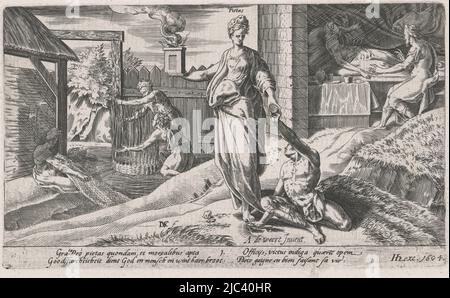 La personnification de la piété (Pietas) donne un supplication à un mendiant une almes. En tant qu'attribut, elle tient un autel en feu dans sa main. En arrière-plan, les expressions de la vie pieuse: Visiter les malades comme l'une des œuvres de miséricorde (à droite) et exécuter des travaux quotidiens tels que le tapis et le tissage de panier. L'imprimé a une légende hollandaise, latine et française et fait partie d'une série de douze parties sur la dégénérescence du clergé catholique et les causes de la révolte et de l'iconoclasme, de piété homme fait son devoir dégénérescence du clergé catholique (titre de série), l'imprimeur: Dirck Volckertsz. Coornhert, (mentionné à la Banque D'Images