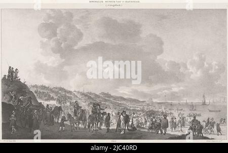 Départ du roi anglais Charles II de la plage de Scheveningen à l'Angleterre, 2 juin 1660. Vue des dunes de la foule rassemblée sur la plage, départ de Charles II de la plage de Scheveningen à l'Angleterre, 1660 départ de Charles den II / D, imprimeur: Carel Christiaan Antony Last, (mentionné sur l'objet), après: Johannes Lingelbach, (mentionné sur l'objet), imprimeur: Desguerrois & Co., (mentionné sur l'objet), pays-Bas, 1818 - 1876, papier, h 377 mm × l 545 mm Banque D'Images