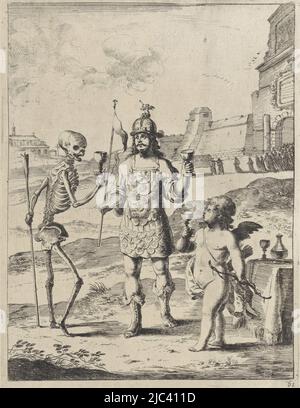 La mort, la personnification de la réputation et Amor se tiennent ensemble, chacun levant un verre. En arrière-plan une procession funéraire. Illustration d'une fable par Aesopus, fable de Cupid, Death and Reputation Fables par Aesopus (titre de la série)., Imprimeur: Dirk Stoop, éditeur: John Ogilby, Londres, 1665, papier, gravure, h 257 mm × l 172 mm Banque D'Images