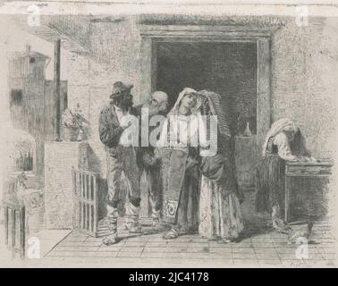 Une jeune femme quitte la maison parentale avec son mari. Dans un vestibule, la mère embrasse sa fille, tandis que le père s'adresse à son gendre. À droite, un enfant se tient près d'une table et deux poulets traversent le sol. En face de la maison sur la rue un homme à cheval, départ de la maison parentale Partenza della sposa, imprimeur: Eleuterio Pagliano, (mentionné sur l'objet), Eleuterio Pagliano, Italie, en 1855 ou après, papier, gravure, h 175 mm - l 234 mm Banque D'Images