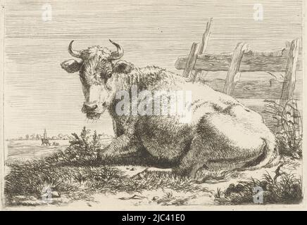 Vache couchée près de la clôture vaches (titre de la série), imprimeur: Pieter Gerardus van OS, pays-Bas, 1798, papier, h 130 mm × l 180 mm Banque D'Images