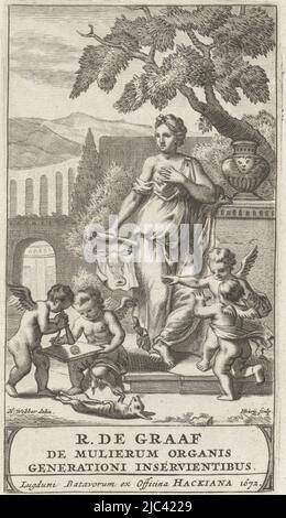 Une femme montre une image anatomique à deux enfants. À gauche, deux enfants, l'un examine un œuf avec une loupe. Sur le sol se trouve un lièvre mort avec son ventre coupé ouvert. Reinier de Graaf utilise des lièvres comme animaux de laboratoire pour ses études sur la fonction des organes génitaux féminins., empreintes des organes reproductifs féminins page de titre pour: Reinier de Graaf, de mulierum organiss generationi inservientibus tractatus novus, Leiden, 1672, imprimerie: Hendrik Bary, (mentionné sur l'objet), dessinateur intermédiaire: H. Webber, (mentionné sur l'objet), éditeur: officina Hackiana, (mentionné sur l'objet Banque D'Images