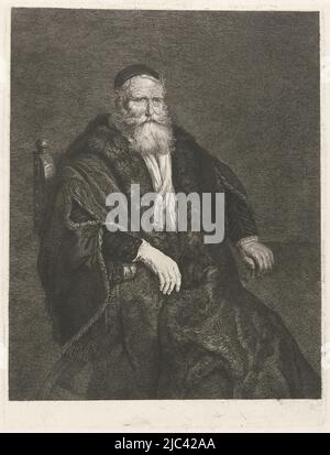 Portrait d'un vieil homme inconnu dans un fauteuil. Genou, assis tourné vers la droite. Ses bras reposent sur les rails de la chaise. L'homme est enveloppé dans un manteau bordé de fourrure et porte une adresse., Portrait d'un vieil homme inconnu dans un fauteuil, imprimerie: Johannes Pieter de Frey, après: Rembrandt van Rijn, (éventuellement), 1801, papier, gravure, h 221 mm × l 167 mm Banque D'Images