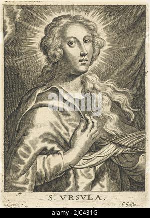 Saint Ursula avec deux flèches S. Vrsvla (titre sur objet), imprimeur: Schelte Adamsz. Bolswert, Peter Paul Rubens, éditeur: Cornelis Galle (II), (mentionné sur l'objet), 1596 - 1659, papier, gravure, h 127 mm × l 91 mm Banque D'Images