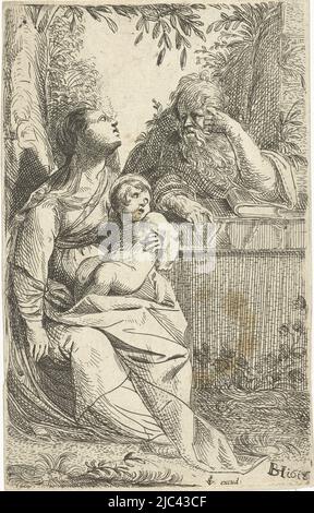 La famille sainte est assise dans le jardin. Joseph s'assoit à une table et s'appuie sur un livre. Marie avec le Christ sur ses genoux se trouve à côté de lui et le regarde., Sainte famille, imprimeur: Jan Philipsz. Van Bouckhorst, (mentionné sur l'objet), Jan Philipsz. Van Bouckhorst, (peut-être), éditeur: Claes Jansz. Visscher (II), (mentionné sur l'objet), imprimerie: Haarlem, Haarlem, éditeur: Amsterdam, 1618, papier, gravure, gravure, h 160 mm × l 100 mm Banque D'Images