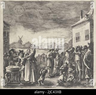 L'éclipse solaire de 12 août 1654, observée de diverses façons par un groupe de personnes en plein air. Sur la gauche, un homme pointe vers un bassin d'eau. Deux hommes voient l'éclipse avec un miroir. D'autres regardent le soleil à travers un morceau de verre. Le soleil éclipsé a un visage humain., éclipse solaire de 12 août 1654, imprimeur: Anonyme, imprimeur: Dirk Stoop, (attribution rejetée), imprimeur: Pays-Bas, imprimeur: Utrecht, 1654 - 1656, papier, gravure, h 210 mm × l 213 mm Banque D'Images