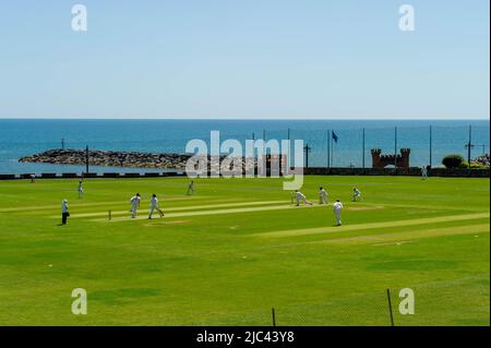 Match de cricket anglais au Sidmouth Cricket Club avec la mer et les îles rocheuses en arrière-plan Banque D'Images
