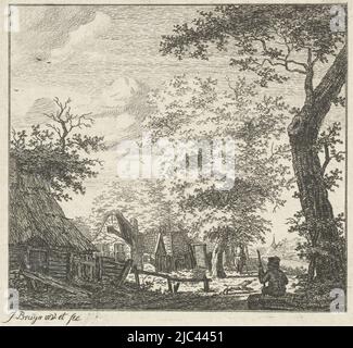 Vue sur une route en bordure d'un village. Sur la gauche une rangée de fermes avec des toits de chaume. Sur la droite un berger sous un arbre. Sur la route, un cavalier se dirige vers une tour d'église en arrière-plan., vue du village, imprimeur: Johanna de Bruyn, (mentionné sur l'objet), Johanna de Bruyn, (mentionné sur l'objet), 1732 - 1782, papier, gravure, h 86 mm × l 90 mm Banque D'Images