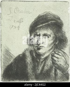 Un homme adulte avec chapeau. Sur son épaule droite un manteau. Dans sa main gauche un bâton. Buste à gauche, homme adulte avec chapeau et canne, imprimerie : Jan Chalon, (mentionné sur l'objet), Jan Chalon, (mentionné sur l'objet), pays-Bas du Nord, (éventuellement), 1794, papier, gravure, point sec, h 79 mm × l 66 mm Banque D'Images