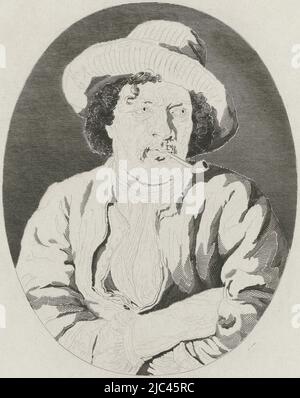 Portrait buste en ovale d'un inconnu avec un tuyau dans sa bouche, chapeau sur la tête et les bras repliés devant sa poitrine, Unknown Pipe Smoking Man, imprimeur: Johannes Philippus Lange, après: Aire de VOI, 1820 - 1849, papier, gravure en acier, h 265 mm - l 192 mm Banque D'Images