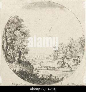 Vue circulaire d'un paysage dans lequel deux cavaliers à cheval et deux chiens chassent un cerf., Deer Hunting Landscapes et marins (titre de la série), imprimeur: Albert Flamen, (mentionné sur l'objet), Albert Flamen, éditeur: Jacques Lagniet, (mentionné sur l'objet), Paris, 1648 - 1672, papier, gravure, h 104 mm × l 103 mm Banque D'Images