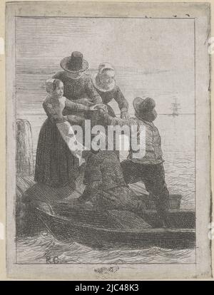 Un boatman aide une famille d'un père, d'une mère et d'une fille à embarquer sur la barque, embarquement, imprimeur: Reinier Craeyvanger, (mentionné sur l'objet), Reinier Craeyvanger, Amsterdam, 1822 - 1880, Papier de Chine, gravure, l 113 mm × h 152 mm Banque D'Images