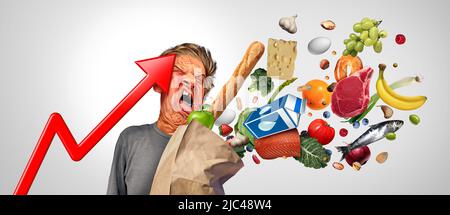 La douleur de l'inflation des consommateurs et la hausse des prix des aliments ou des denrées alimentaires font grimper les coûts des épiceries de supermarché comme concept de crise financière. Banque D'Images