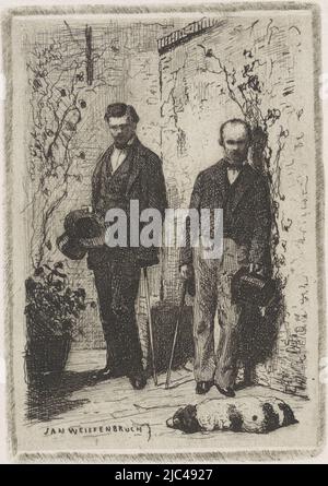 L'artiste Frederik Hendrik Weissenbruch (l) et son frère Jan Weissenbruch (r) se tiennent près d'un mur. Ils tiennent un bâton et un chapeau de dessus. En face d'eux, un chien dort., autoportrait avec Frederik Hendrik Weissenbruch, imprimeur: Jan Weissenbruch, (mentionné sur l'objet), la Haye, 1837 - 1880, papier, gravure, h 93 mm × l 65 mm Banque D'Images