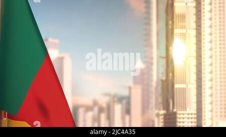 Drapeau du Cameroun sur les gratte-ciel de la ville bâtiments vanille lever du soleil bg pour le jour de l'indépendance - résumé 3D illustration Banque D'Images