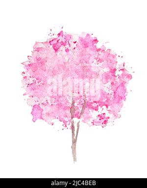 Arbre rose aquarelle en fleur. Fleur de printemps en fleur sur la branche. Belle illustration d'été. Esquisser la mise en plan manuelle. Carte d'aquarel du Japon. Élément de conception Sakura Banque D'Images