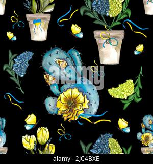 Motif de plantes bleues et jaunes dans des pots avec des symboles ukrainiens, cactus, tulipes, fleurs colorées, butterfly, soutenir l'Ukraine Banque D'Images