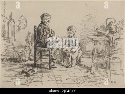 Cuisine intérieure avec deux enfants. À gauche, un garçon qui s'épluche les pommes de terre, assis sur une chaise, avec des sabots à côté de lui. À sa droite, une fille, assise sur une boîte, avec une assiette sur ses genoux. Sur la droite, une table avec théière et bol. Sur la gauche, ustensiles de cuisine et un panier., cuisine intérieure avec deux enfants, imprimerie: Jozef Israël, (mentionné sur l'objet), inconnu, 1835 - 1911, papier, gravure, h 201 mm × l 281 mm Banque D'Images
