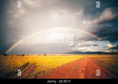 Paysage photographié dans la vaste savane avec arc-en-ciel, collines de Taita, Kenya Banque D'Images