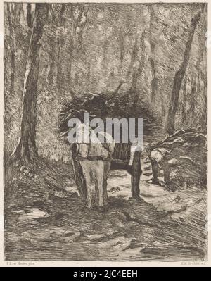 Sur un chemin forestier se dresse un cheval et un wagon chargé de bois brillant. A droite, un homme pendu, prend des branches du sol., dans les bois (titre original sur objet), imprimeuse: Heinrich M. Krabbé, (mentionné sur objet), après: François Pieter ter Meulen, (mentionné sur objet), imprimeur: J. Bouwens, Bruxelles, 1878 - 1889, papier, gravure, h 217 mm × l 147 mm Banque D'Images