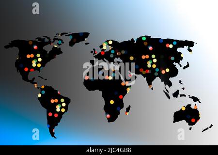 Carte du monde décrit environ avec des lumières sur fond gris Banque D'Images