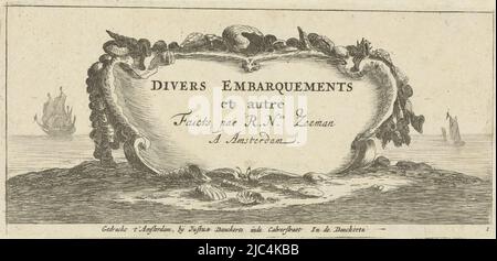 Page de titre d'une série de treize imprimés représentant divers embarquements et assaisonnement. Cartouche bordée de coques, avec texte de quatre lignes en français. Mer avec deux voiliers en arrière-plan, Cartouche avec coquillages divers Embarquements et autre Faicts par R.N. Zeeman A Amsterdam (titre de la série sur l'objet) divers embarquements et sondages (titre de la série), imprimeur: Reinier Nooms, (mentionné sur l'objet), Reinier Nooms, éditeur: Justus Danckerts, (mentionné sur l'objet), Imprimerie: Amsterdam, éditeur: Kalverstraat, 1651 - 1701, papier, gravure, h 81 mm × l 178 mm Banque D'Images