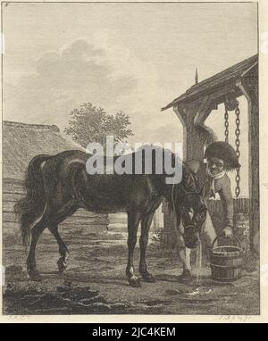 Feuille d'une série de six feuilles, Man laisse un cheval boire d'un seau chevaux et figures (titre de la série), imprimerie: Joannes Bemme, dessinateur intermédiaire: Jan Anthonie Langendijk DZN, 1802, papier, gravure, h 185 mm × l 144 mm Banque D'Images