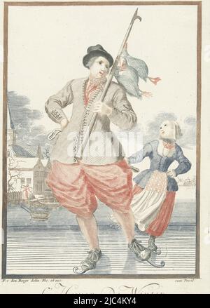 Patinage jeune homme sur la glace. À côté de lui une fille sur des patins. L'homme a capturé trois canards. Imprimé à partir d'une série de quatre imprimés représentant les quatre saisons. Au-dessous de chaque impression se trouve un verset à deux lignes sur William III des œuvres héroïques d'Orange, Skating man avec trois canards sur un bâton l'Hyver / de Winter les quatre saisons (titre de la série), imprimeur: Pieter van den Berge, (mentionné sur l'objet), dessinateur intermédiaire: Pieter van den Berge, (mentionné sur l'objet), éditeur: Pieter van den Berge, (mentionné sur l'objet), Amsterdam, 1695 - 1697, papier, gravure, h 260 mm × l 175 mm Banque D'Images