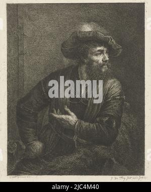 Portrait d'un inconnu avec barbe. Pièce de hanche, assise tournée vers la droite dans une chaise. La tête est montrée en vue de trois quarts et ornée d'un béret à plumes. Le coude droit repose sur la main courante de la chaise., Portrait de l'homme inconnu avec béret à plumes, Imprimeur: Johannes Pieter de Frey, (mentionné sur l'objet), après: Willem Drost, (mentionné sur l'objet), 1796, papier, gravure, h 207 mm × l 163 mm Banque D'Images