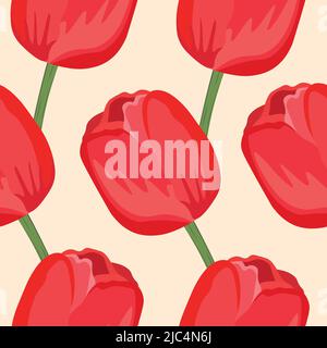 Motif fleuri sans couture avec tulipes rouges. Style de dessin animé. Conception pour tissu, textile, papier. Illustration vectorielle colorée à ressort, faucheuses avec feuilles Illustration de Vecteur