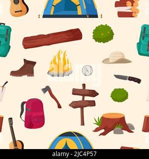 Motif de camping et de randonnée sans couture. Collection d'outils de voyage pour le camp d'été pour la survie dans la nature, tente, sac à dos, carte, hache, feu de camp et autre camp éq Illustration de Vecteur