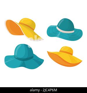 Ensemble de magnifiques chapeaux d'été pour femmes dans différents styles et couleurs. Coiffures été élégantes pour femme. Un accessoire de mode pour des vacances en mer dans chaud Illustration de Vecteur