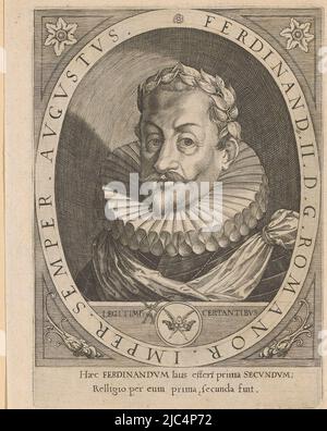 Une couronne percée de deux épingles sous le portrait. Avec légende en latin, Portrait de Ferdinand II Ferdinandi I. II III IV (Titre de la série), imprimerie: Johann Caspar Dooms, Franciscus de Bruyn, Praag, 1650, papier, gravure, h 162 mm - l 118 mm Banque D'Images